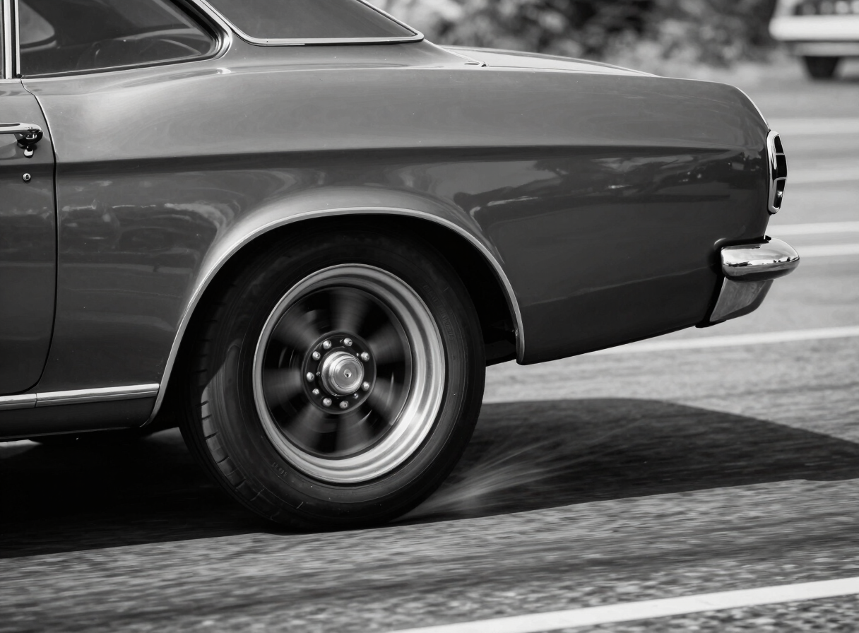 Extreme close-up of a classic car's rear quarter panel mid-drift, captured in high-contrast black and white — the chrome trim razor sharp at center, rear wheel arch dissolving into horizontal motion blur, asphalt streaks below, hard directional sidelight from the right carving deep shadow into the bodywork